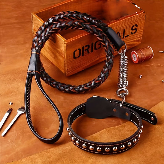 Laisse pour chien- Strong Cowhide Dog Leash and Collar
